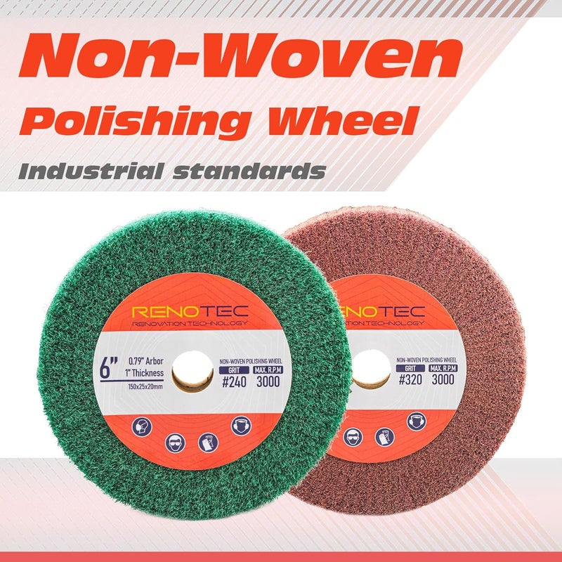 RENOTEC 6 Inch Flap Wheel, Non-Woven Abrasive Polishing Wheel, 1 Inch Thickness, 3/4 Inch Arbor, for Bench Grinder (Assorted Grit240 Grit320) - Image 2